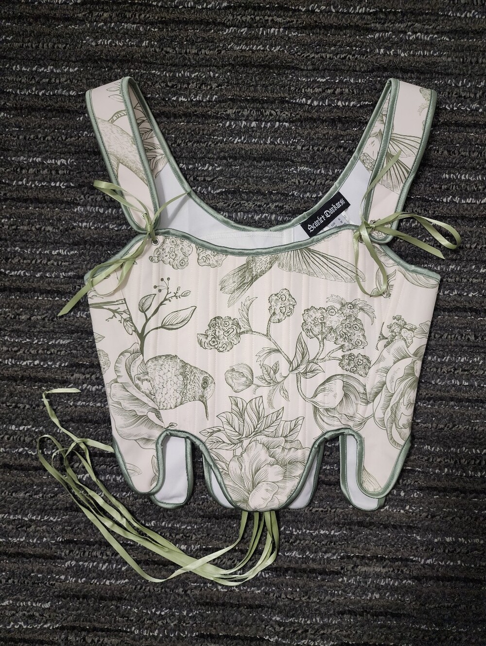 Scarlet Darkness Fairy Cottagecore Corset Lace Up Vest Size 6 Green Birds Floral